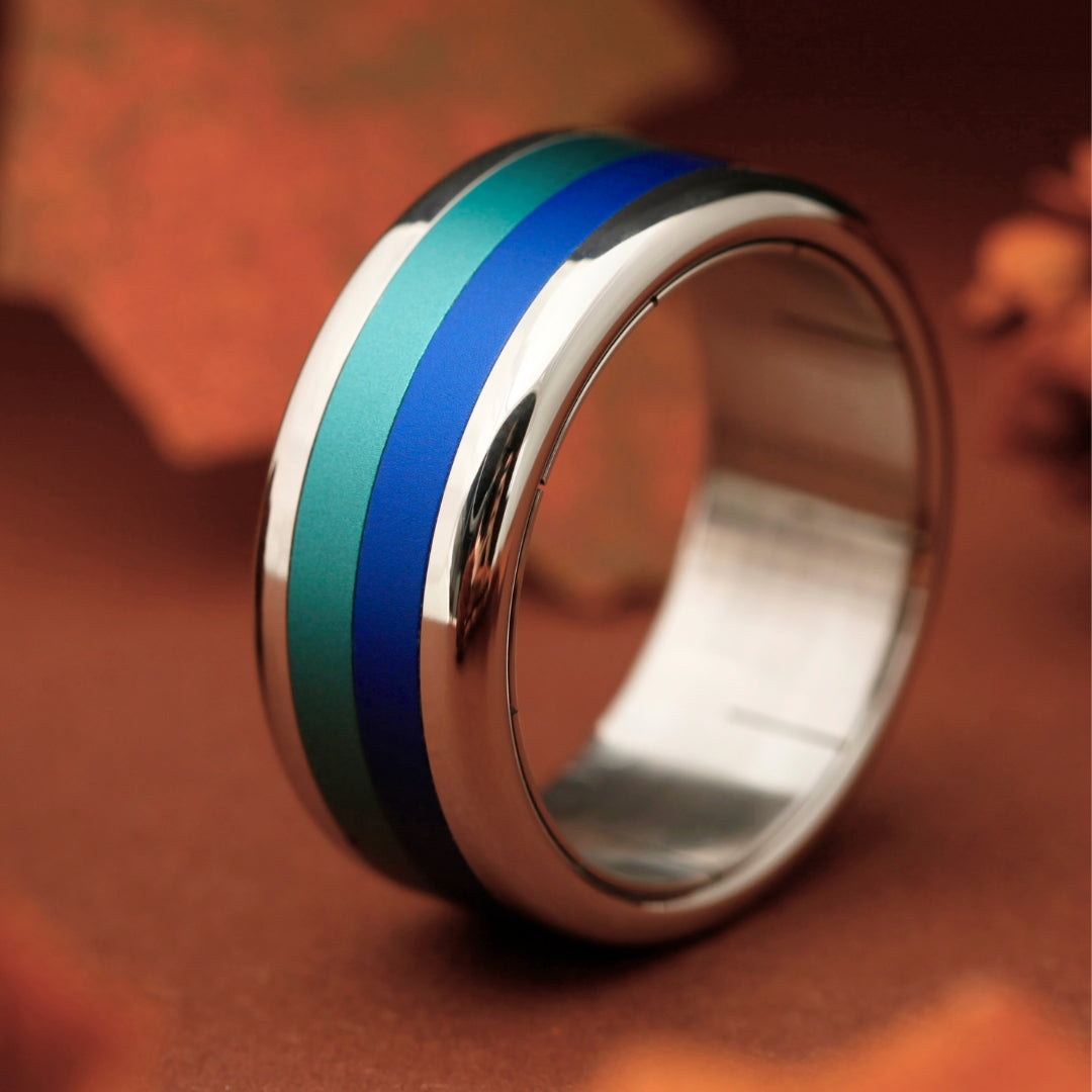 bague mood interchangeable avec anneau de couleur aluminium bleu et pétrole