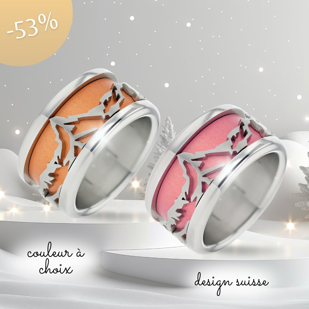 Bague mood complète avec gravure de montagnes 3D et couleur à choix - bague mood interchangeable