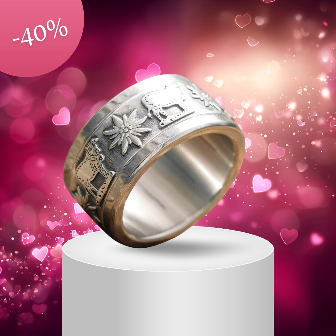 Full silver mood ring with Swiss Edelweiss and alpine cow motifs