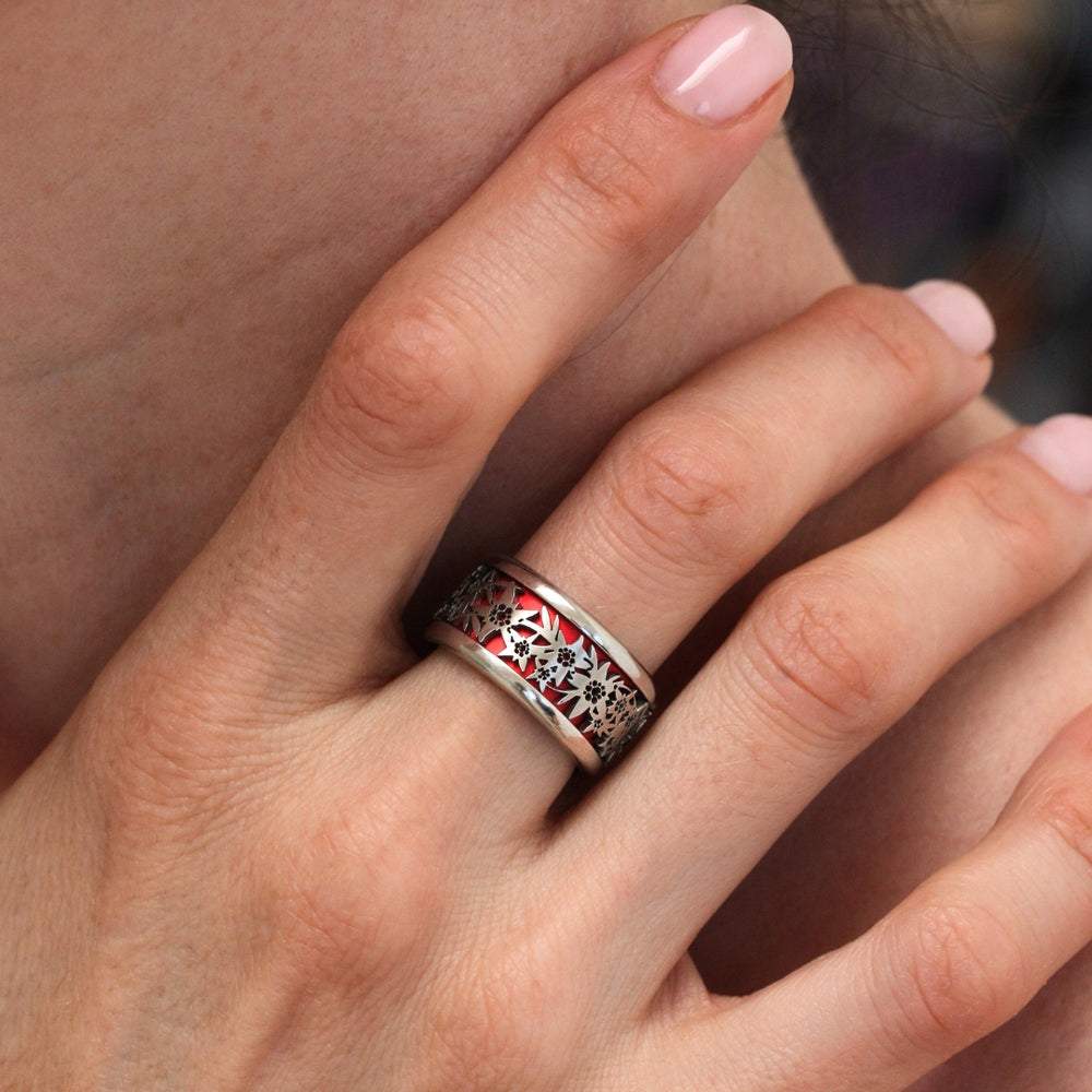 bague mood interchangeable pour femme avec anneau rouge et motif de fleur edelweiss