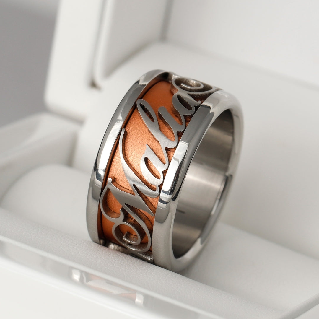 mood ring in steel with personalized text and interchangeable color (SMALL version)