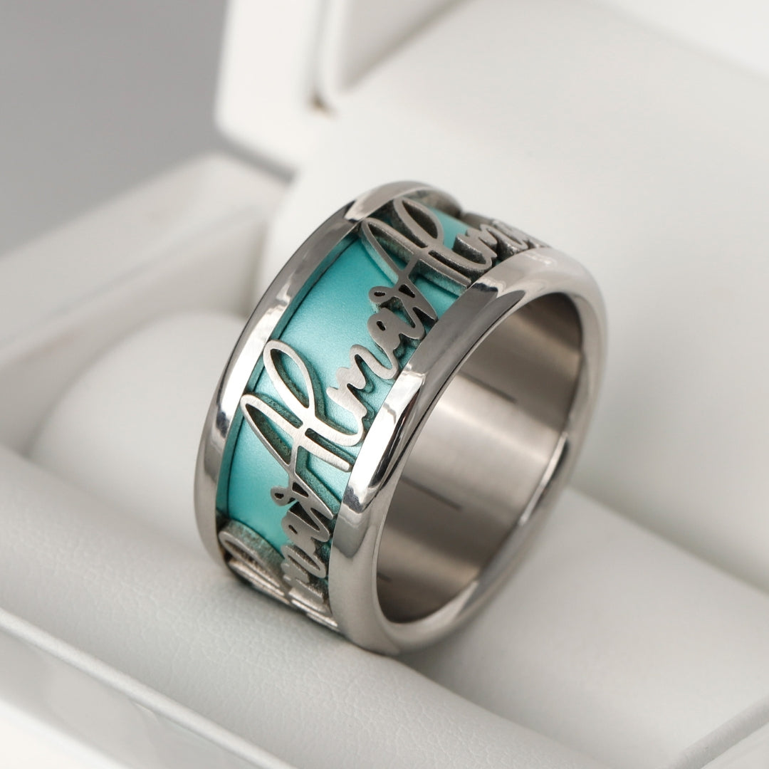 mood ring in steel with personalized text and interchangeable color (SMALL version)