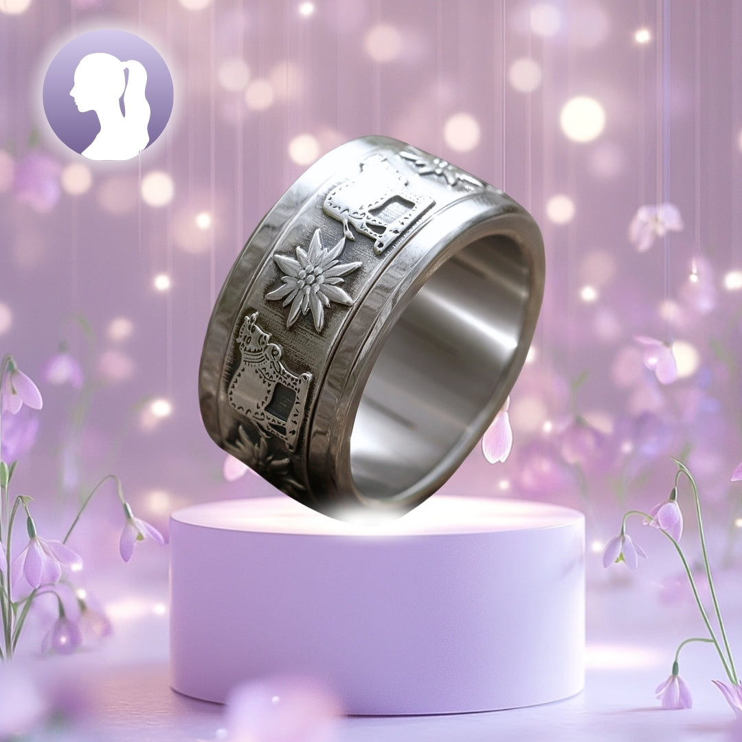 Full silver mood ring with Swiss Edelweiss and alpine cow motifs