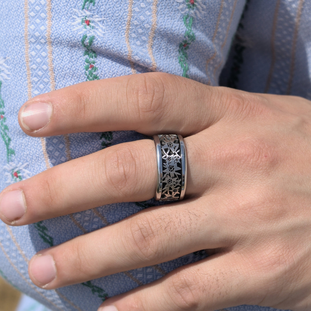 bague mood interchangeable pour homme avec anneau noir et motif de fleur edelweiss