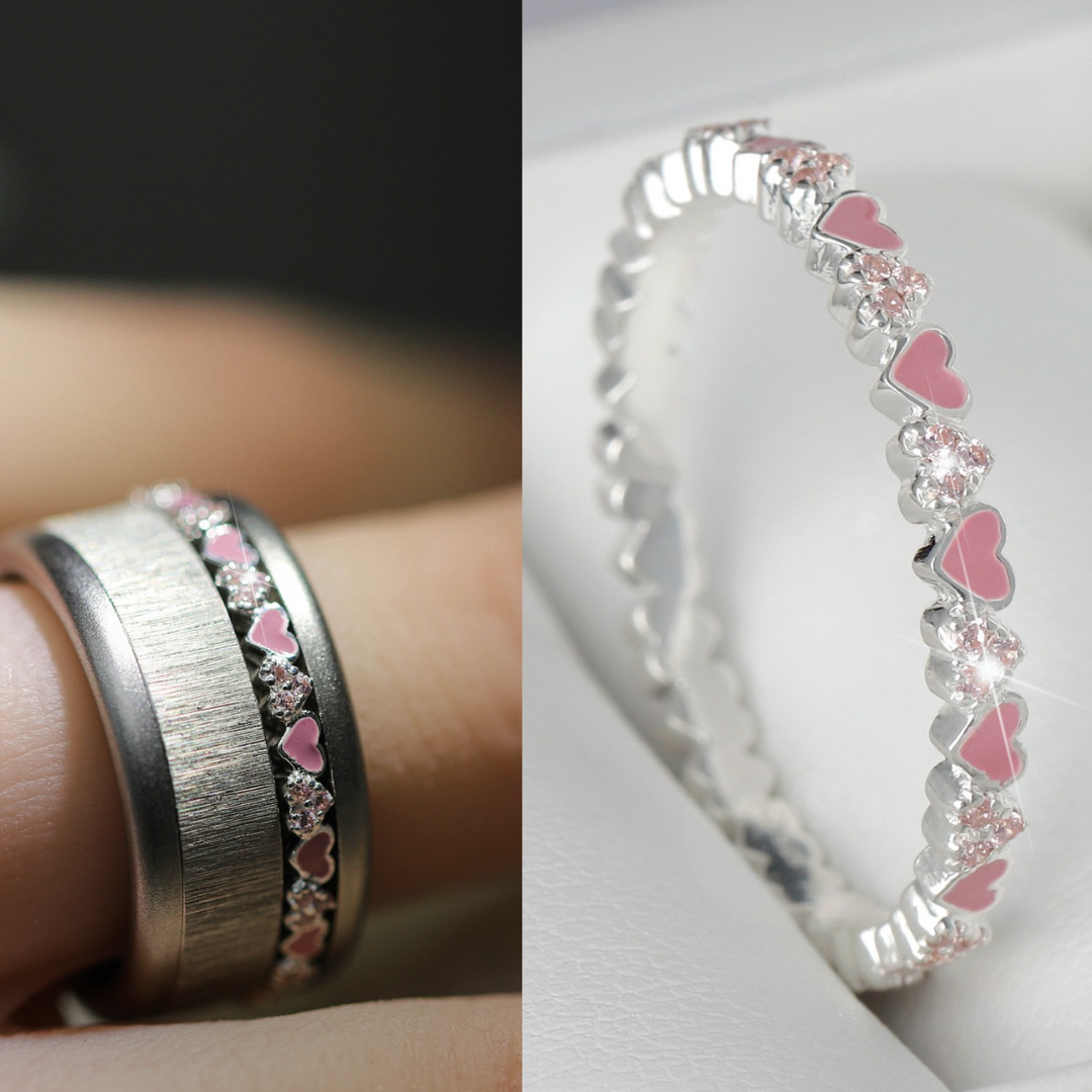 🤍🤍 Inner ring (medium addon) 3D "Alliances of hearts" pink in silver and Zirconia, mood ring for women