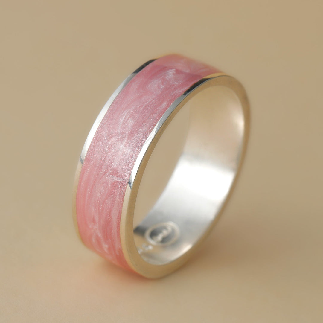 Bague en argent 925 et émail couleur rose