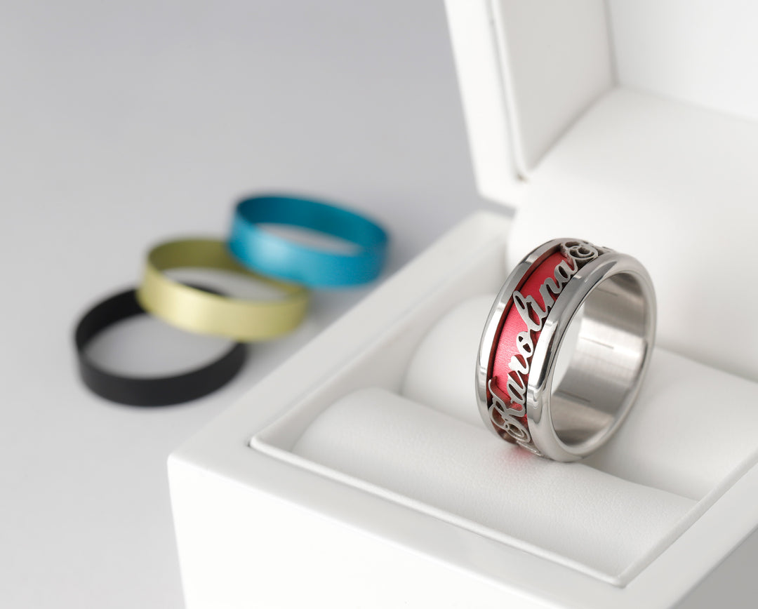 mood ring in steel with personalized text and interchangeable color (EXTRA SMALL version)