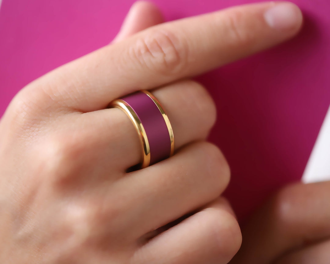 bague mood interchangeable couleur aubergine avec base rose en acier inxoydable