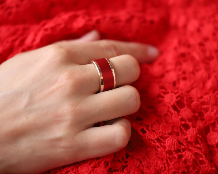 bague mood interchangeable couleur rouge avec base rose en acier inoxydable