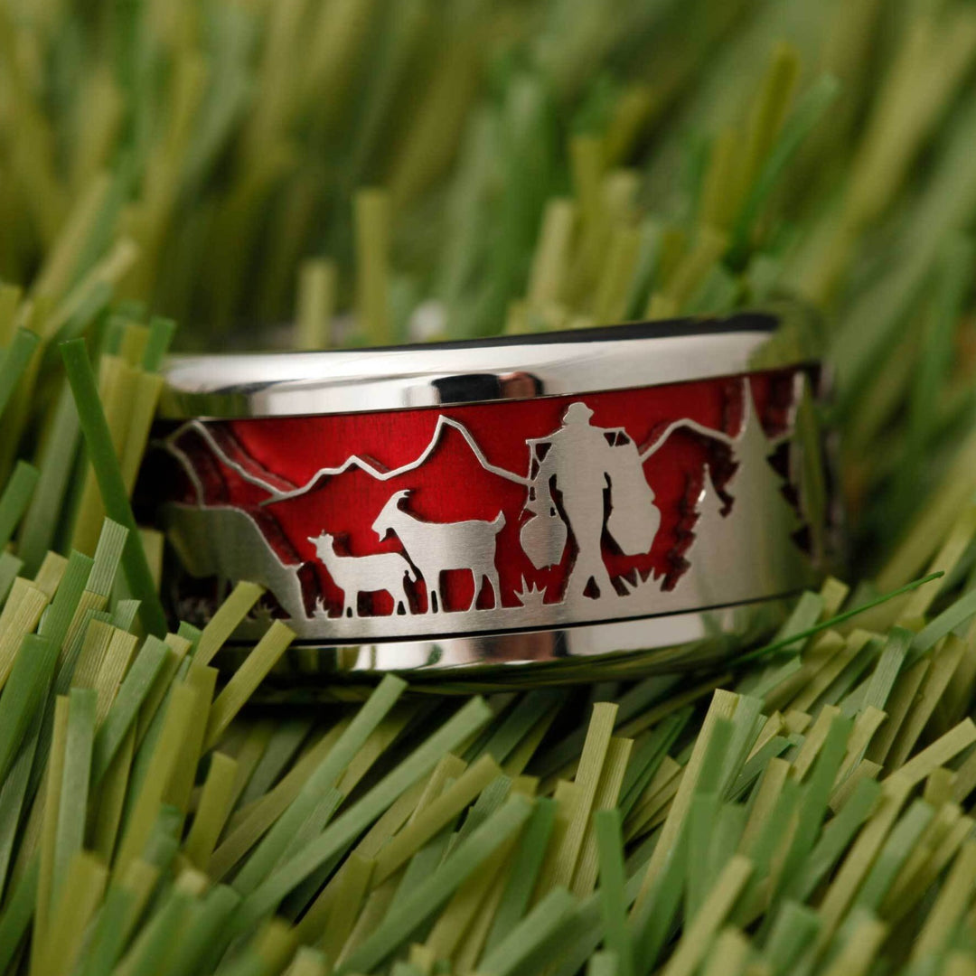 bague mood interchangeable suisse poya avec couleur rouge et motifs suisses d'alpage et vache