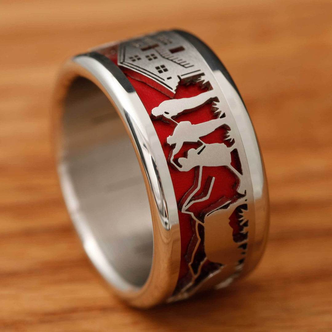 bague mood interchangeable suisse poya avec anneau rouge et motifs suisses d'alpage et vache