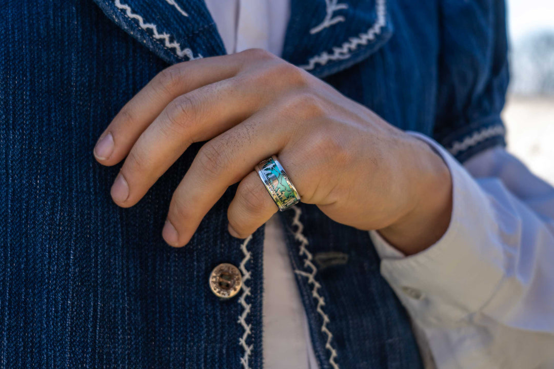 bague mood interchangeable suisse poya avec couleur turquoise et motifs suisses d'alpage et vache